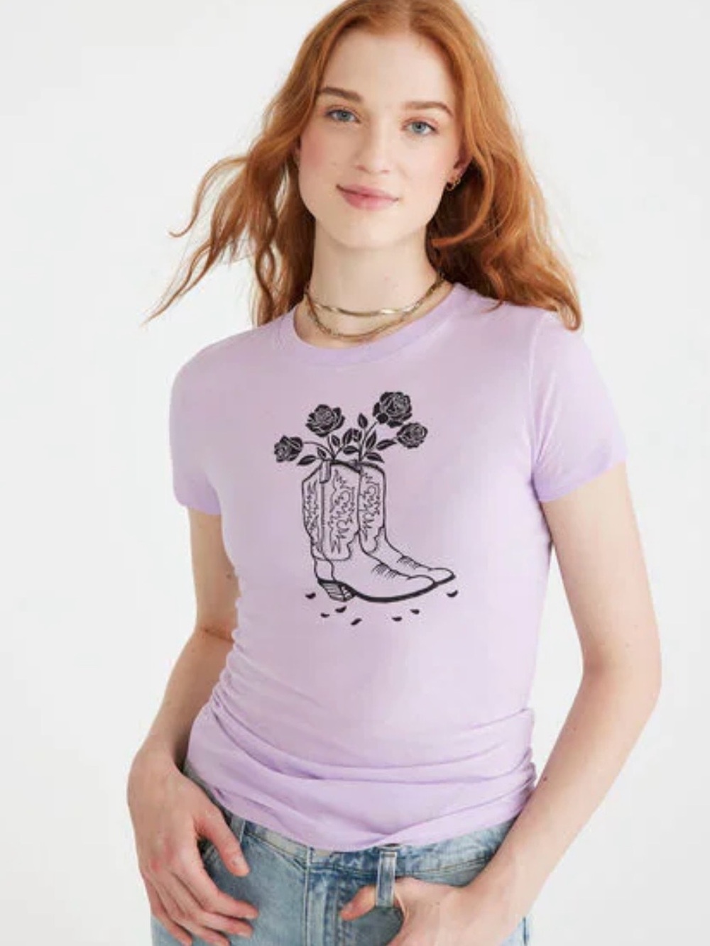 Aéropostale Womens XS Graphic T Shirt Cowboy Boots Roses Western Light Purple